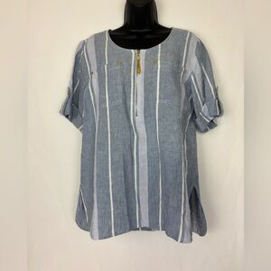 Ellen Tracy 100% Linen Women’s Sz L Blue & White Striped Shirt Goldtone Accents